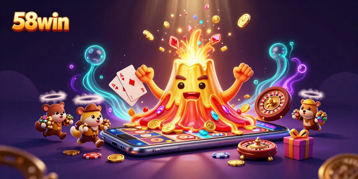 Experience the thrill of 58win as a golden volcano erupts with treasure, showcasing vibrant casino elements.