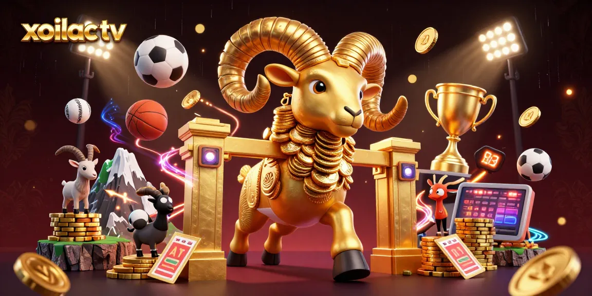 Xoilac TV showcases dynamic sports betting with a golden ram charging through golden gates.