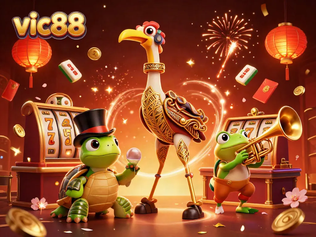 Experience the vibrant excitement of vic88 with 3D characters and dynamic casino elements in a celebration scene.