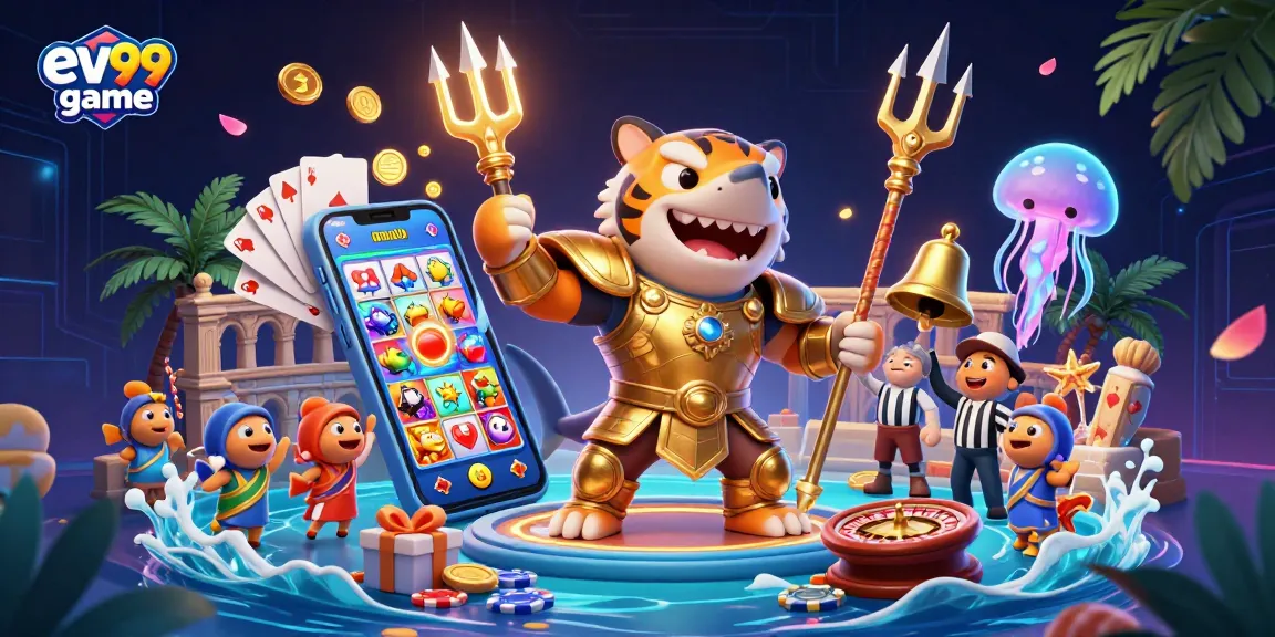 Play the exciting ev99 game with a vibrant underwater battle featuring dynamic characters and casino elements.