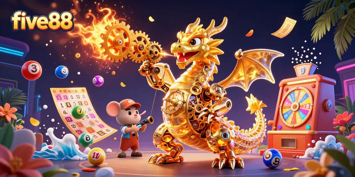 Engage with five88's thrilling lottery experience, featuring dynamic colorful balls and an enchanting golden dragon.