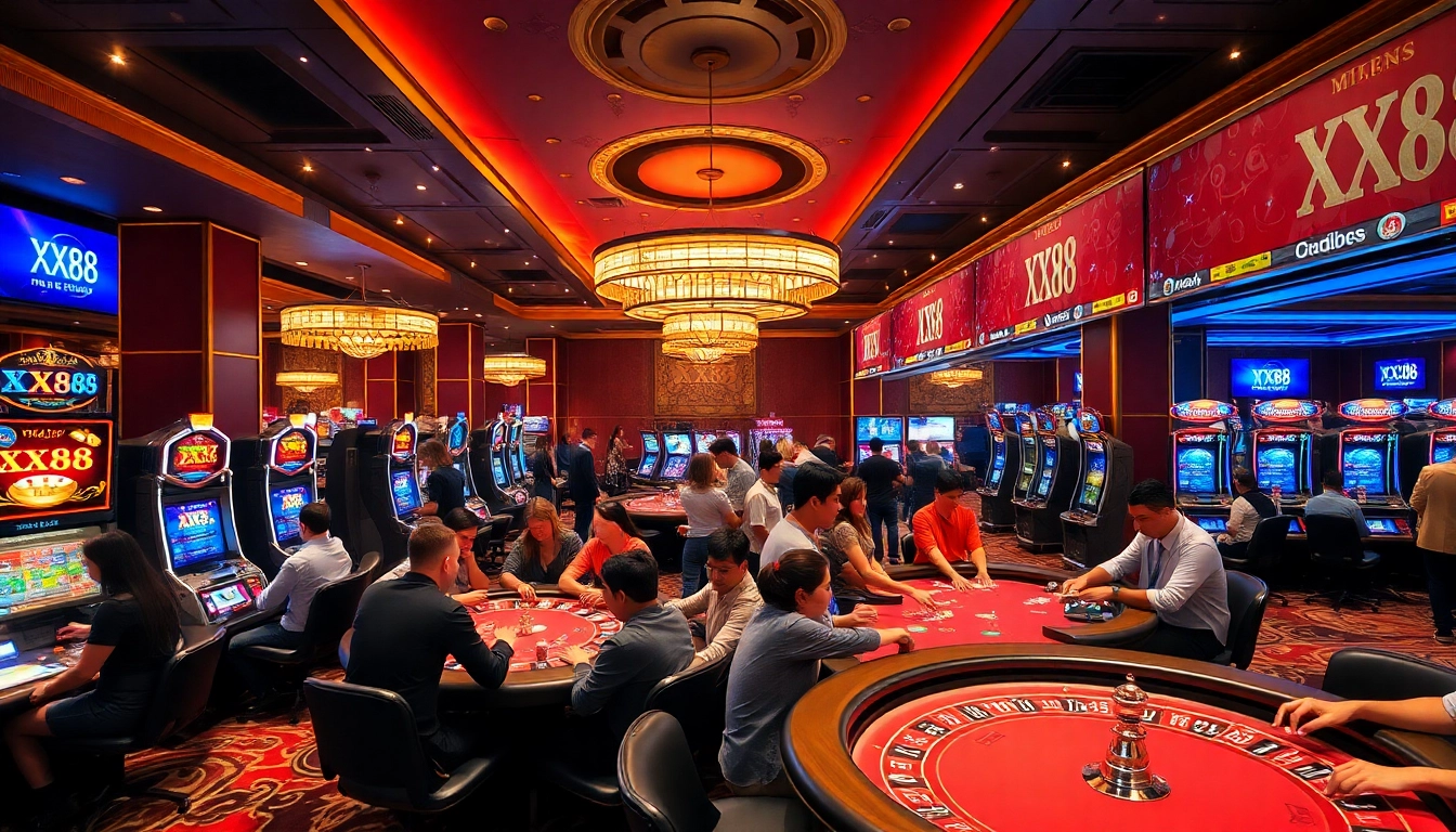 Exciting gameplay at XX88 casino with vibrant slot machines and eager players.