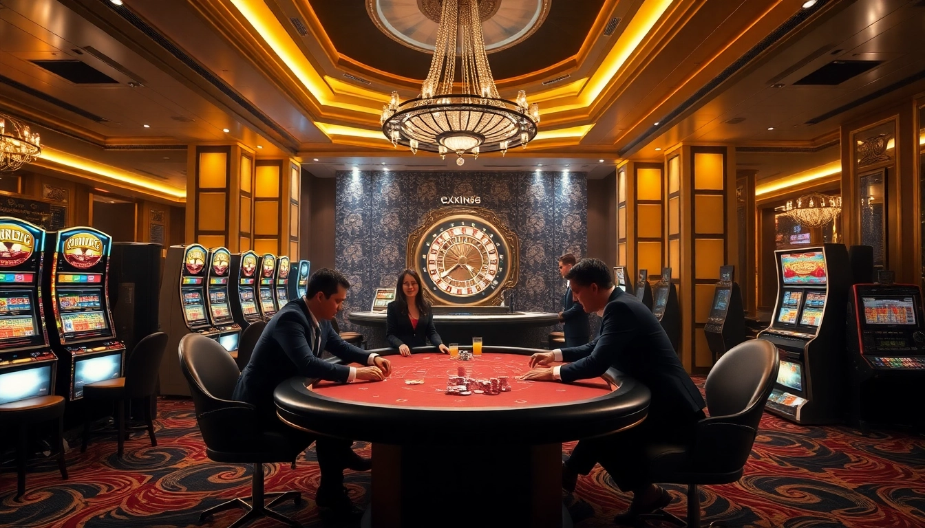 Experience the excitement of gambling at XX88 with a lively casino scene showcasing poker and slot machines.