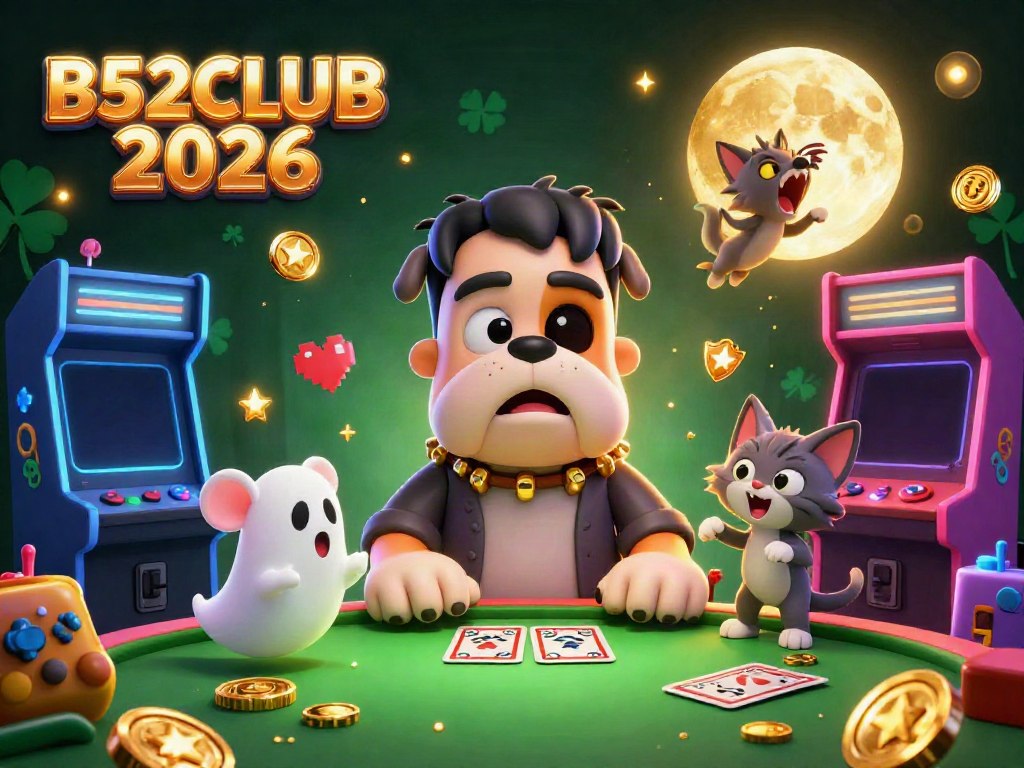 Play cards with B52CLUB 2026, a Frankenstein bulldog monster and whimsical characters for a thrilling gaming adventure.