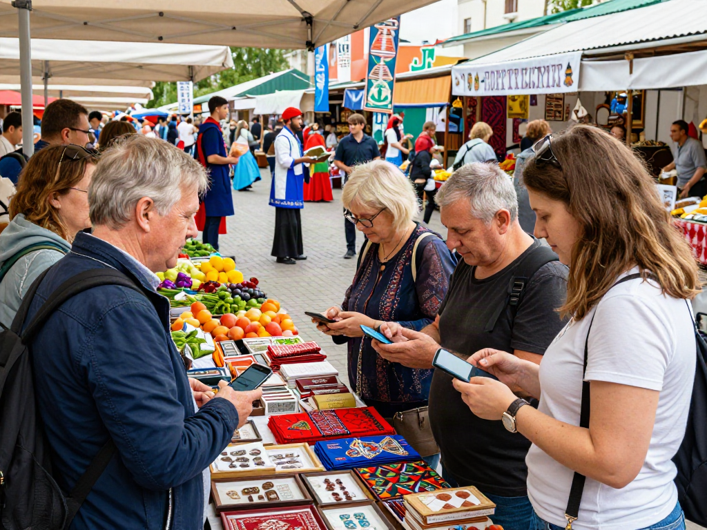 Rusya pazarında uluslararası turistler, https://payinrussia.com/ uygulaması ile ödeme yaparken yerel satıcılarla etkileşim halinde.