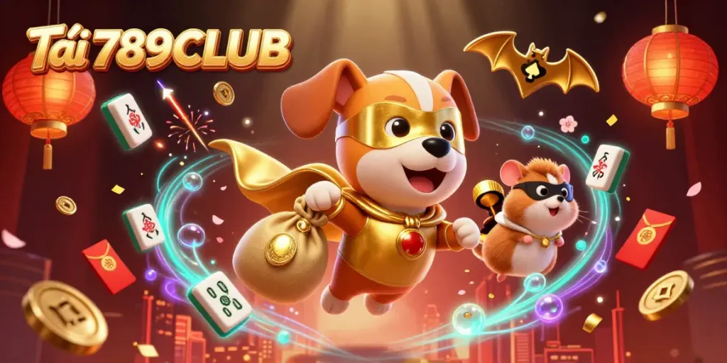 Tải 789CLUB with a superhero dog and hamster amidst vibrant casino elements, showcasing excitement.