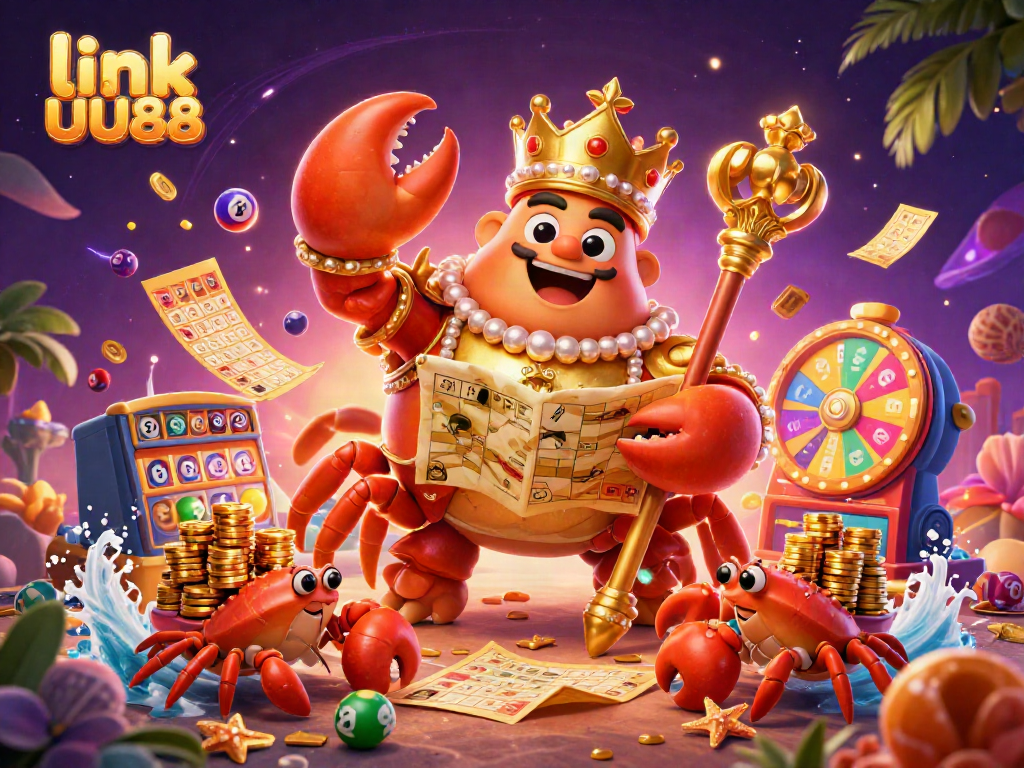 Experience exciting gameplay at link UU88 with vibrant casino elements and a dynamic scene featuring a golden crab emperor.