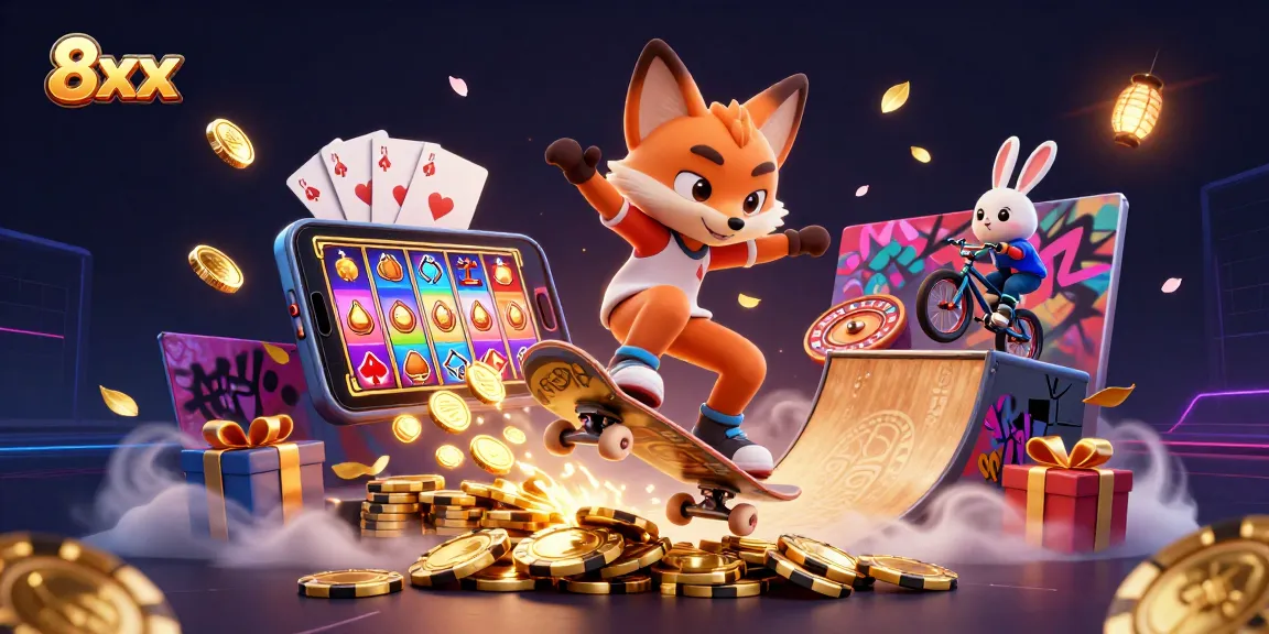 Experience the thrill of winning with 8xx through vibrant casino-themed 3D illustration featuring gaming elements.