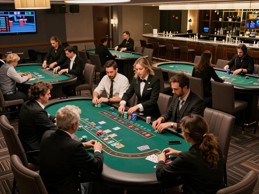 Players strategizing at blackjack tables in a luxurious casino setting, highlighting 78win's gaming experience.