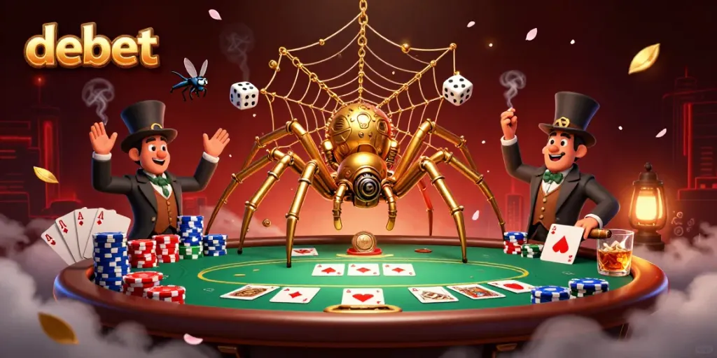 Experience thrilling gaming with debet as a steampunk spider weaves bonds of luck and chance.