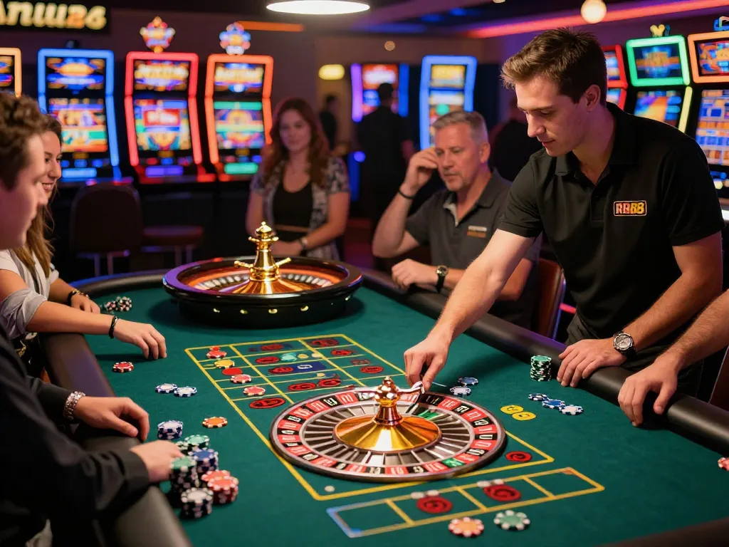 Players engage in thrilling roulette gameplay at RR88 casino, showcasing vibrant atmosphere.