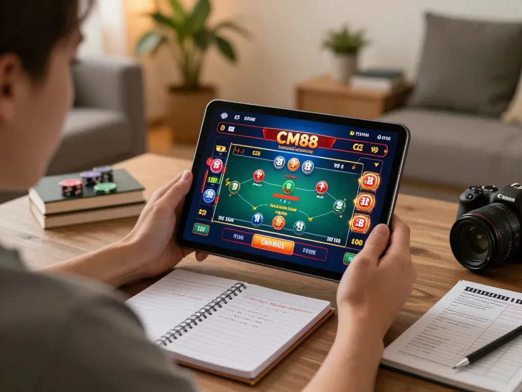 Engaging with CM88 online poker game on tablet at home, showcasing strategic gameplay atmosphere.