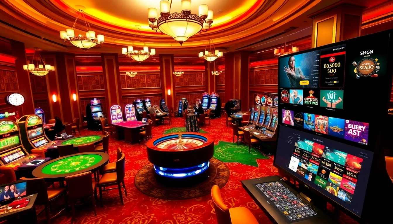 A thrilling casino scene showcasing dynamic games and entertainment at s8vn.press, featuring players at tables and slot machines.