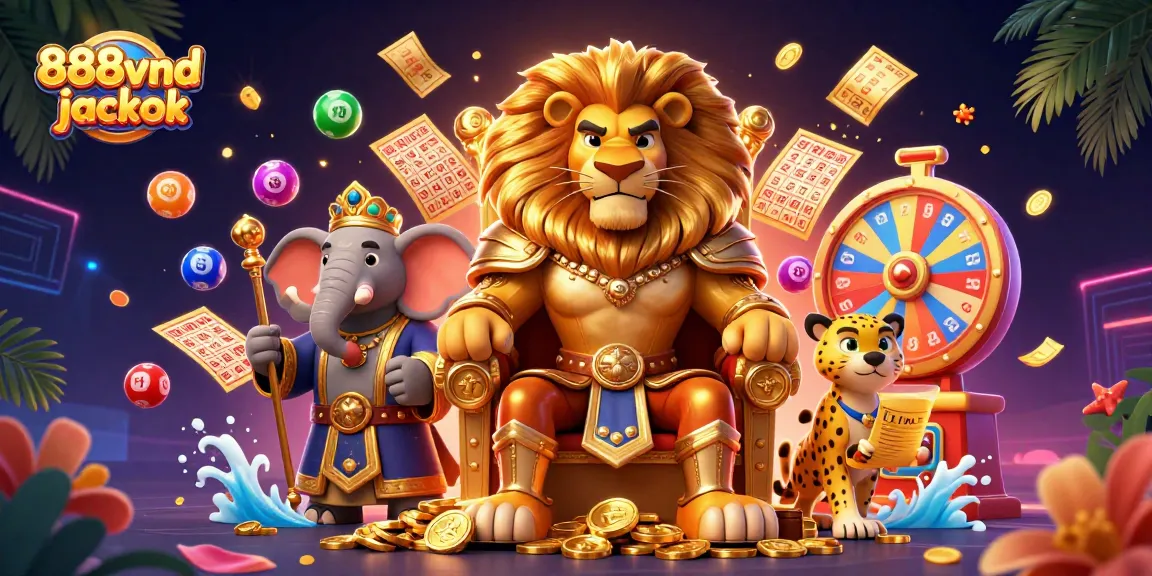 Experience the excitement of the 888vnd jackpot with dynamic casino elements in a vibrant, 3D illustrated scene.