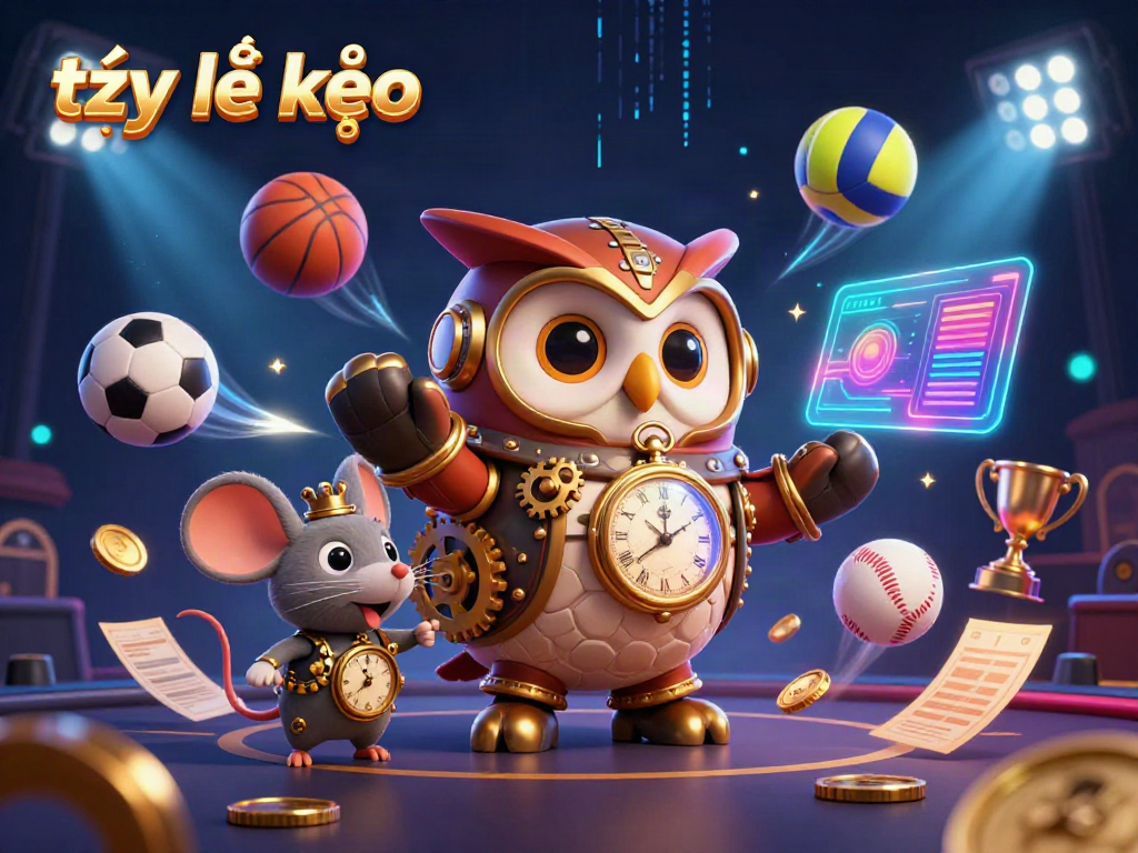 Engaging illustration capturing tỷ lệ kèo dynamics with a time-traveler owl and sports elements in casino.