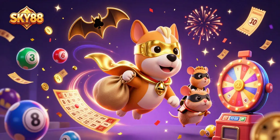Experience thrilling casino action at SKY88 with a dynamic illustration of a superhero dog and hamster flying through a money-filled atmosphere.