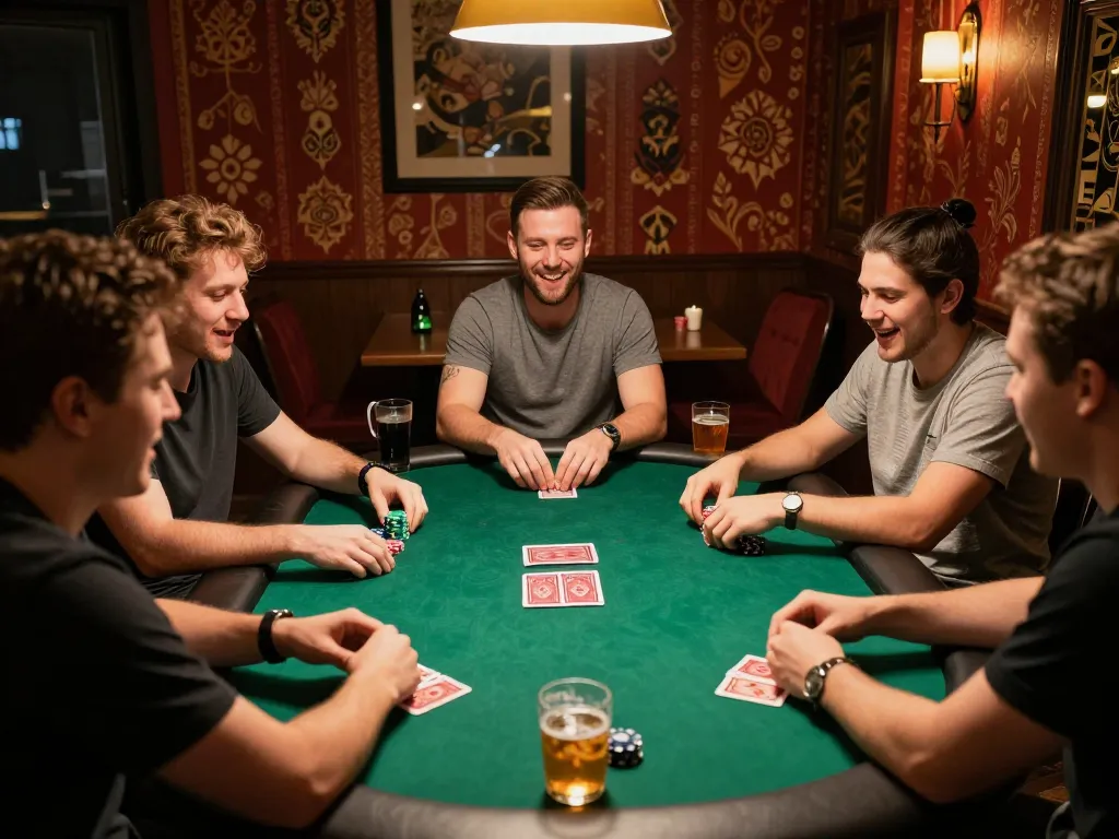 Friends engaging in an exciting poker night at home, highlighting their fun experience with 33winwi.