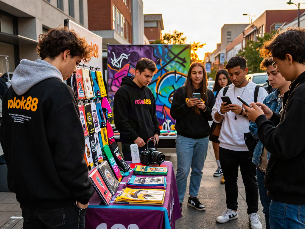 Younger audience engaging with trendy rokok88 merchandise in vibrant urban street setting.