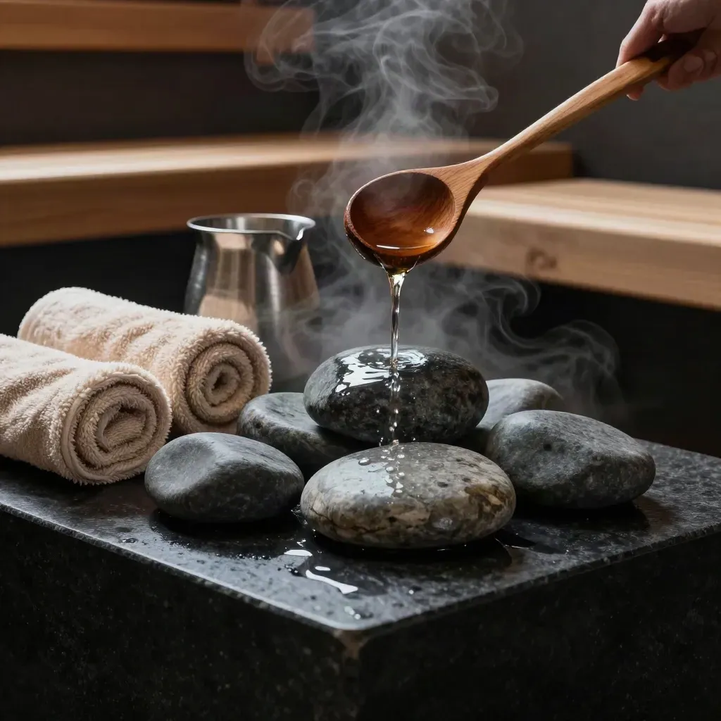 Buhar yükselen sauna taşları, havlular, kepçe ve ahşap bench üzerinde su kabı.