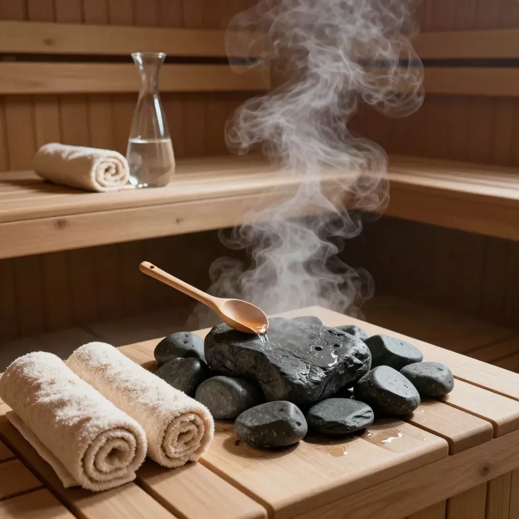 Buhar yükselen sauna düzeni; havlular, sedir kepçe, bazalt taşlar ve cam karaf