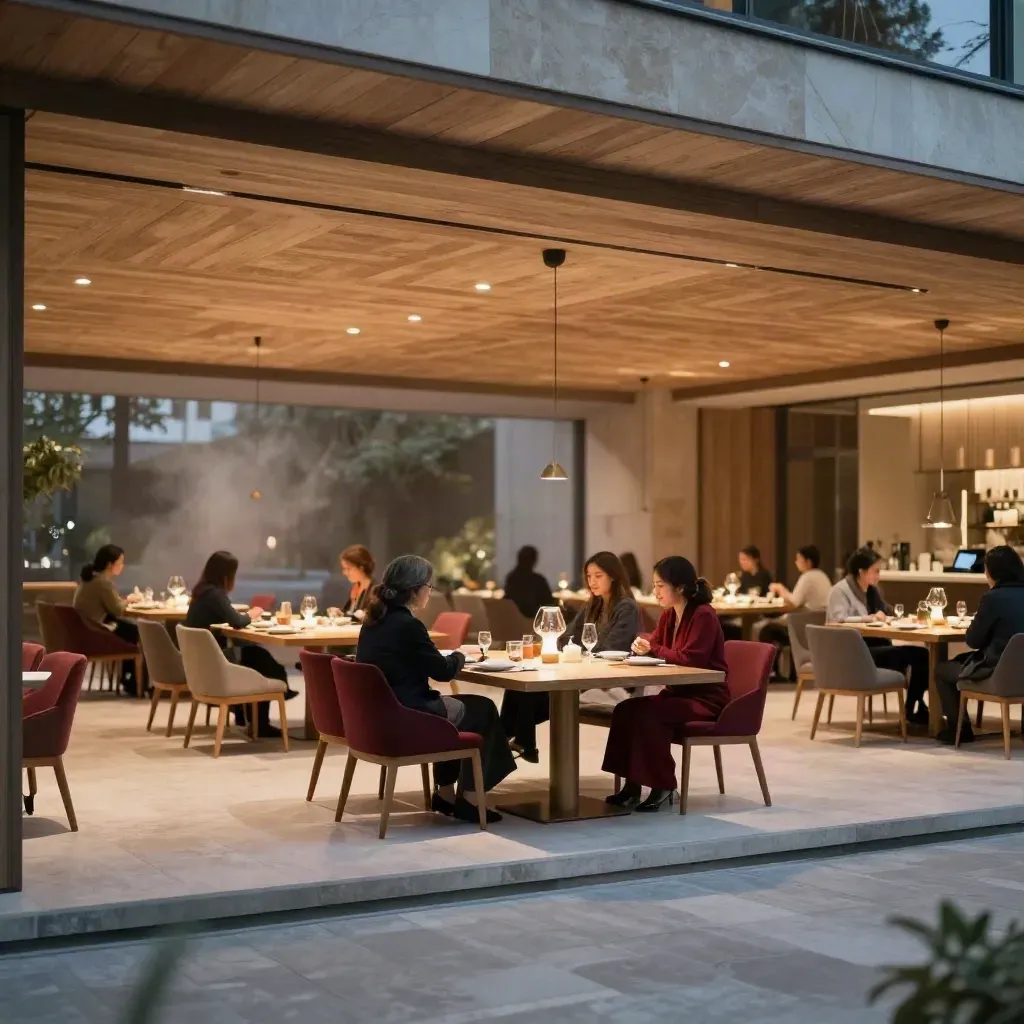Mum ışıklı ahşap tavanlı yemek salonu, teras kenarı ve sakin copy alanı.