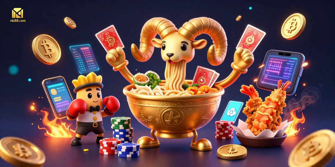 Engage with nk88 com in this vibrant 3D illustration showcasing casino characters, coins, and crypto elements.