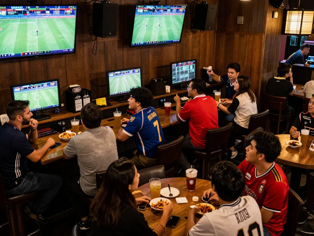Watch patrons eagerly engaging in kèo nhà cái trực tiếp as they cheer for their teams with sports betting screens visible