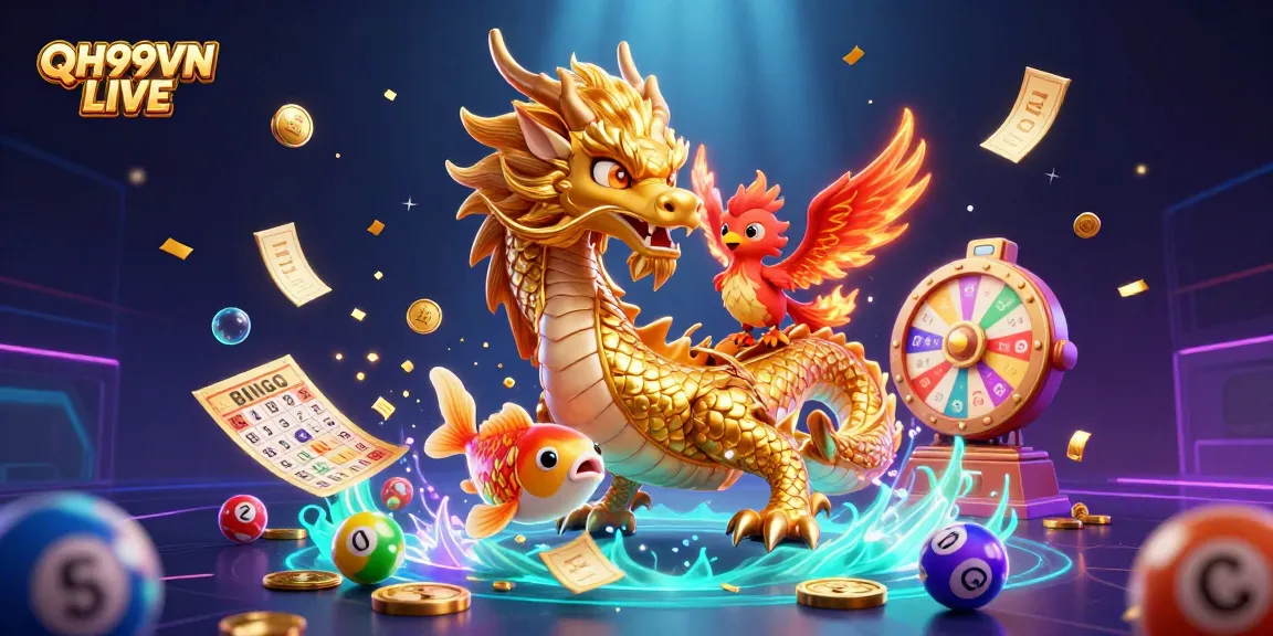 Experience thrilling games at QH99VN LIVE with vibrant visuals of a dragon, phoenix, and koi fish.