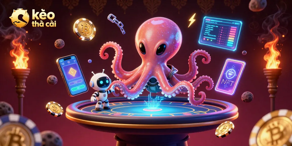 Engage with kèo nhà cái in an exciting holographic poker table scene featuring a cartoon octopus and robot.