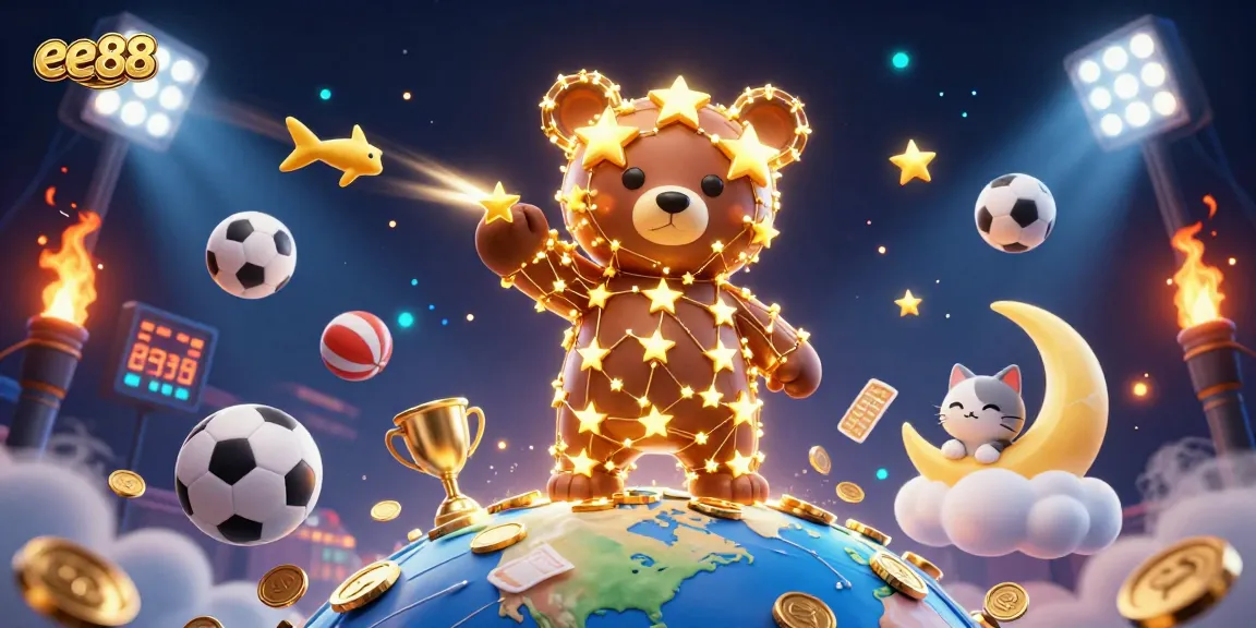 Engage in thrilling gameplay at ee88, showcasing a festive casino scene with lucky characters and sports elements.