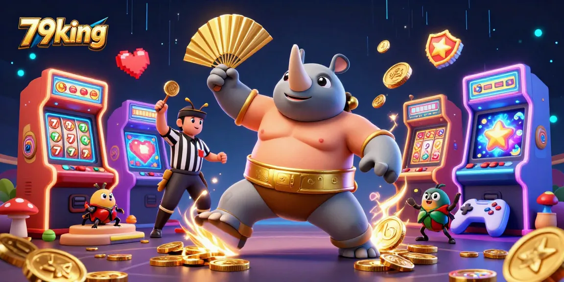 79king presents a stunning 3D sumo beetle champion in action at the gaming arena, surrounded by jackpot elements.