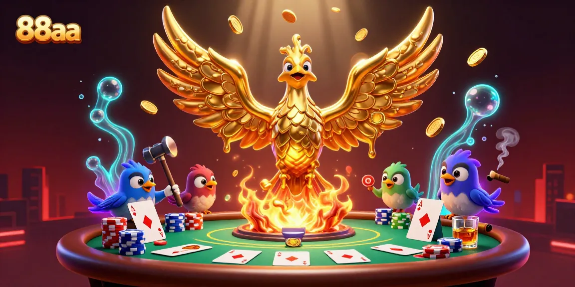 Experience winning with 88aa as a molten golden phoenix emerges amidst a vibrant poker scene.