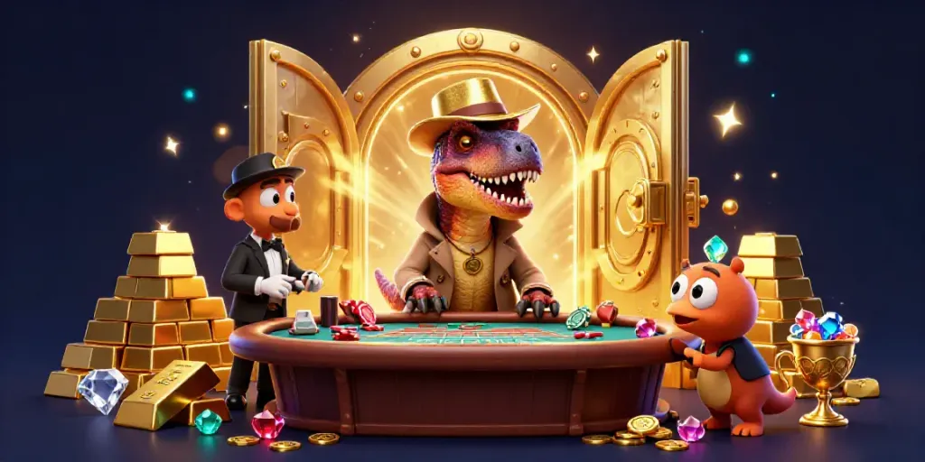 Gaming with 789win: Velociraptor card counter at blackjack table, treasure bursts.