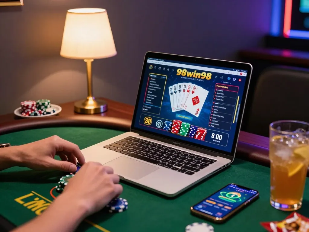 Player engaging with 98win98 poker game on laptop, vibrant setup showcases online casino excitement