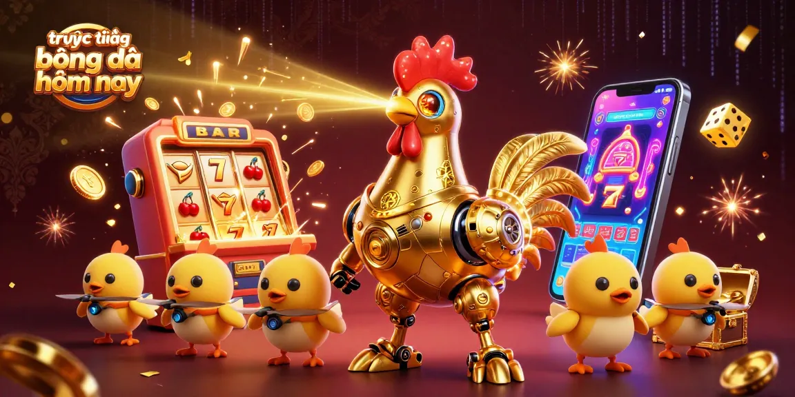 Engage with trực tiếp bóng đá hôm nay in this vibrant illustration featuring a golden rooster robot amidst casino elements and animated action.