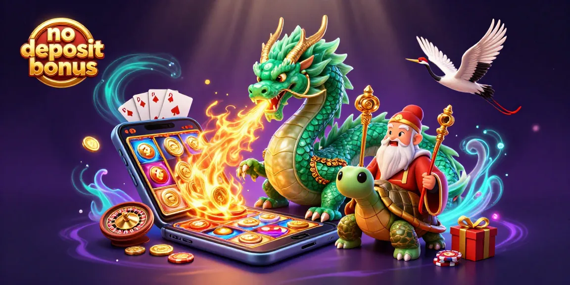 Engage with no deposit bonus offers at vibrant 3D casino illustration featuring dragons and lucky symbols.