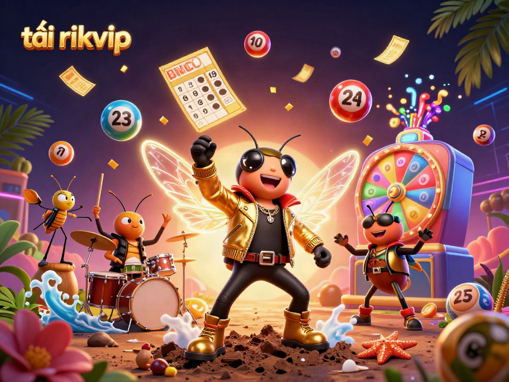Experience the thrill of tải rikvip with a vibrant 3D casino scene featuring music, games, and lottery elements.