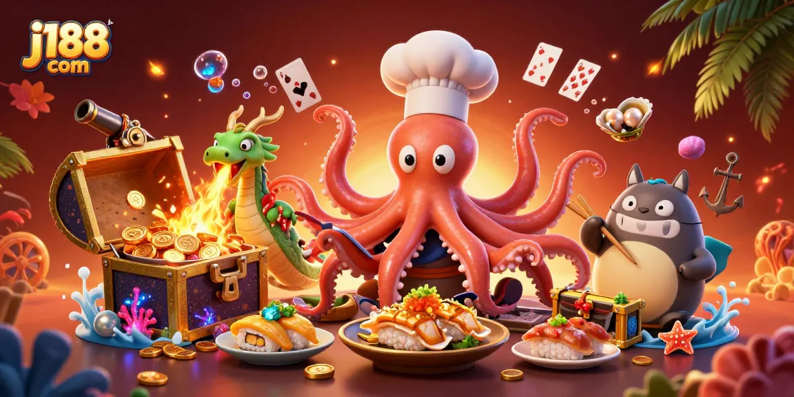 Engage with j188 com for exciting gameplay featuring a sushi chef octopus and dragon in a vibrant casino scene.