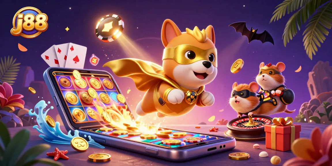 Experience thrilling j88 gaming adventures with a superhero dog and hamster in a vibrant casino scene.