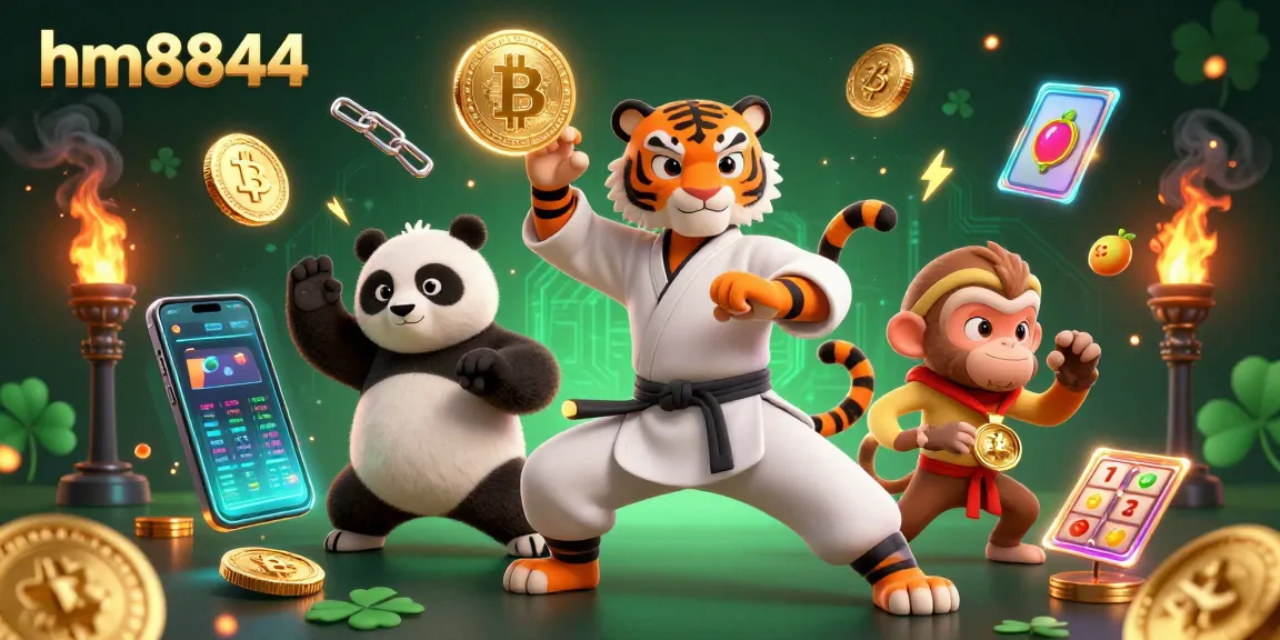 Engage with hm8844's vibrant 3D casino scene featuring characters amidst slot reels and crypto elements.