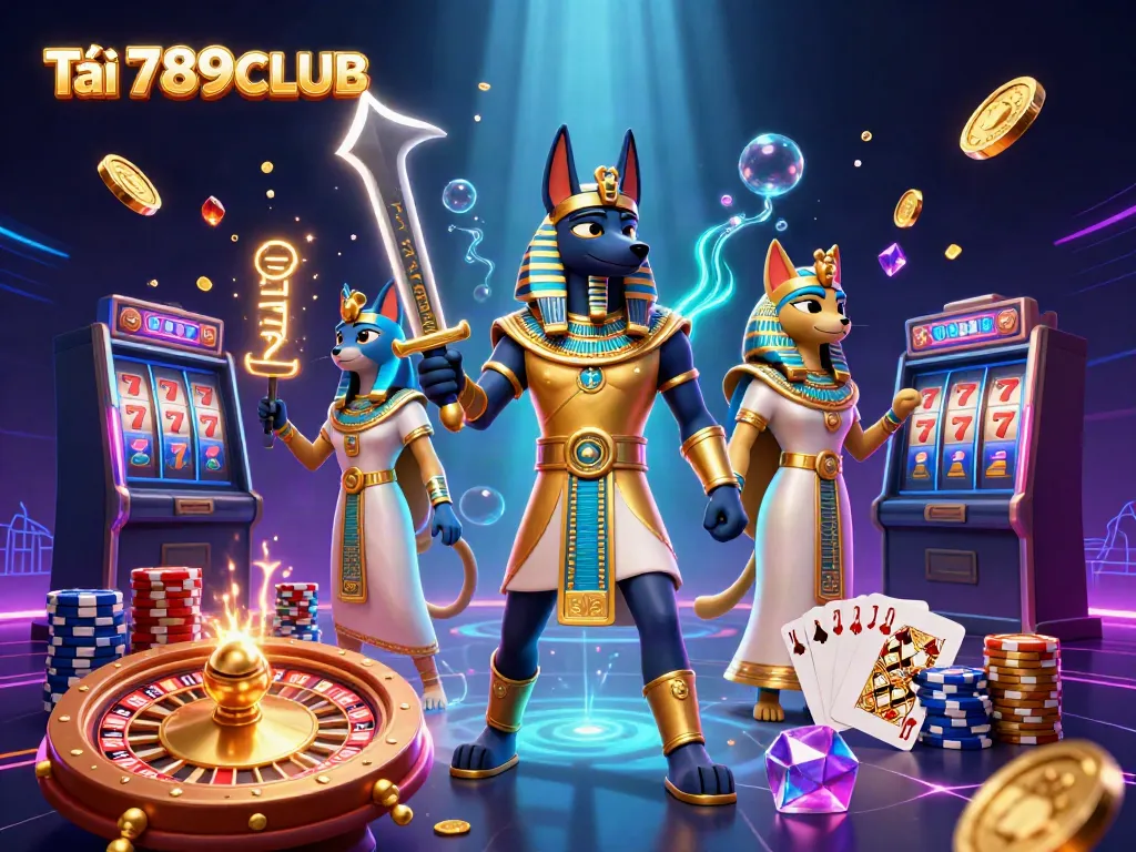Engage in thrilling gaming action with Tải 789CLUB, featuring Egyptian warriors and vibrant casino elements.