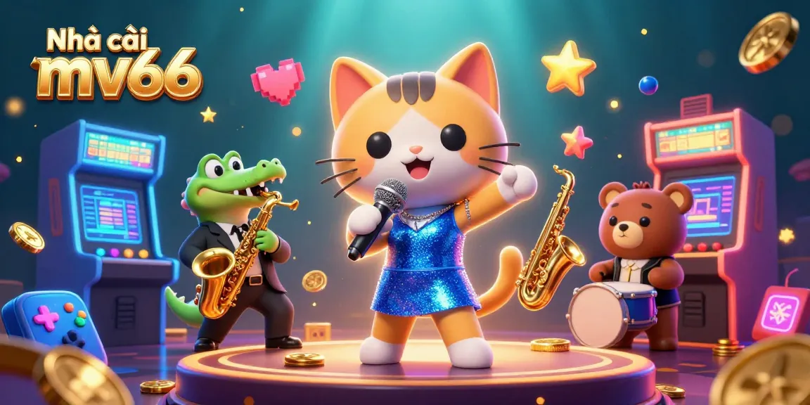 Engage with the vibrant world of Nhà cái mv66 featuring a 3D jazz-singer cat, saxophone crocodile, and drum-playing bear.