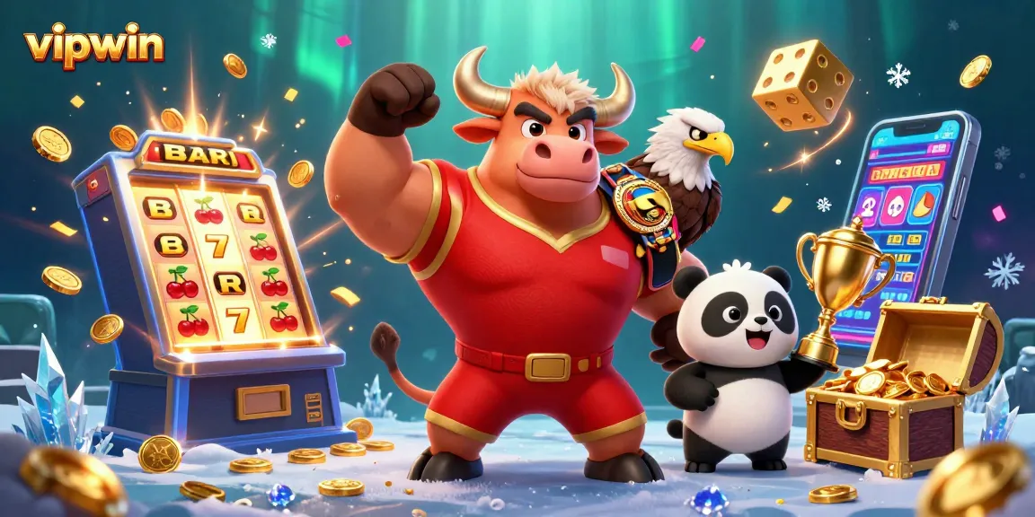 Experience the thrill of playing at vipwin with a bull mascot and eagle celebrating big wins!