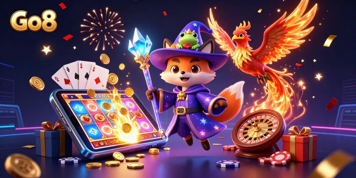 Experience vibrant gameplay at Go8 casino with a magical wizard fox, phoenix, and exciting gaming elements.