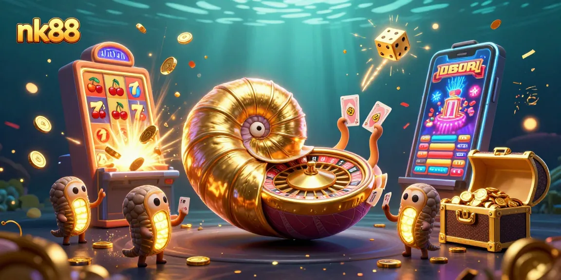 Experience exciting jackpots with nk88 in an underwater casino illustrated scene.