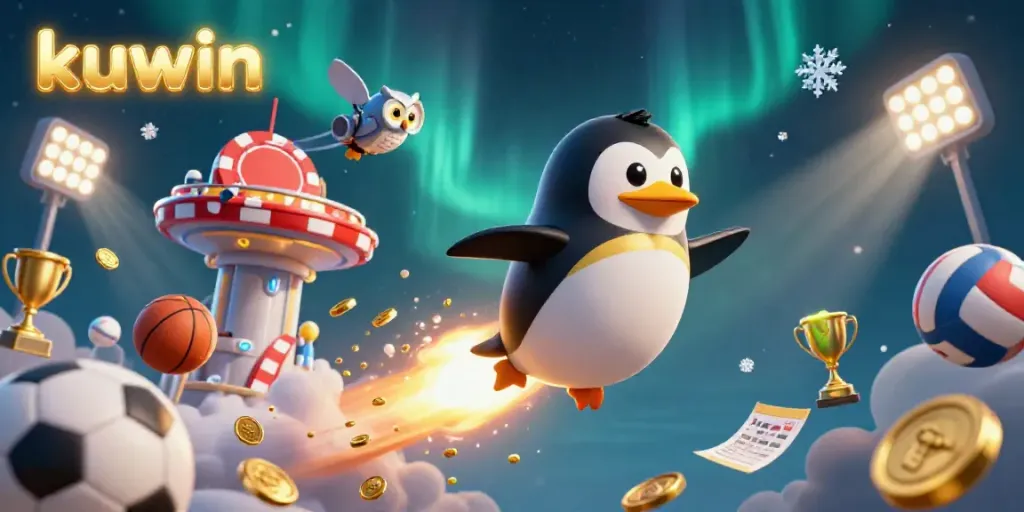 Kuwin's golden penguin navigates a vibrant casino cosmos brimming with sports and treasures.