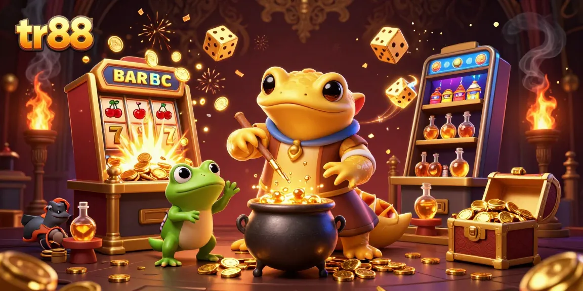 Experience the excitement of tr88 as golden coins spill from a bursting slot machine amidst magical characters.