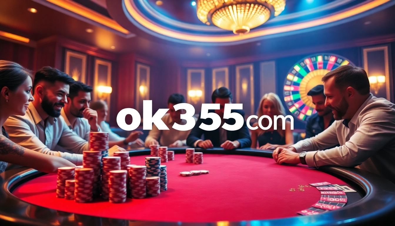 Players enjoying an exciting poker game at a luxurious casino table at ok365 com, capturing the thrill of gambling.