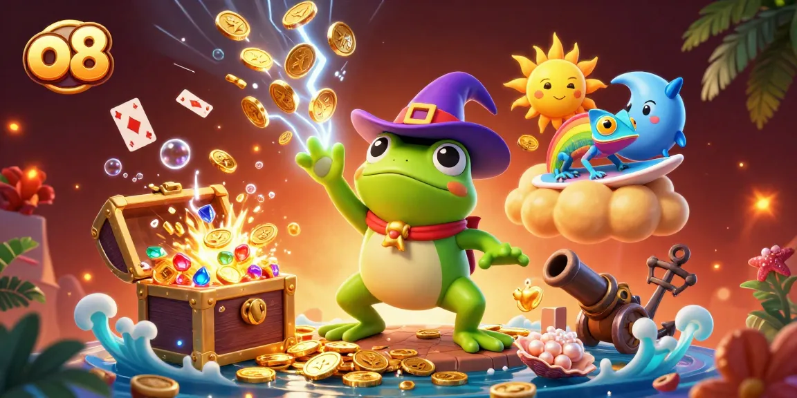 Spin with luck at o8 while the wizard frog conjures a storm of golden coins, surrounded by treasures and vibrant designs.
