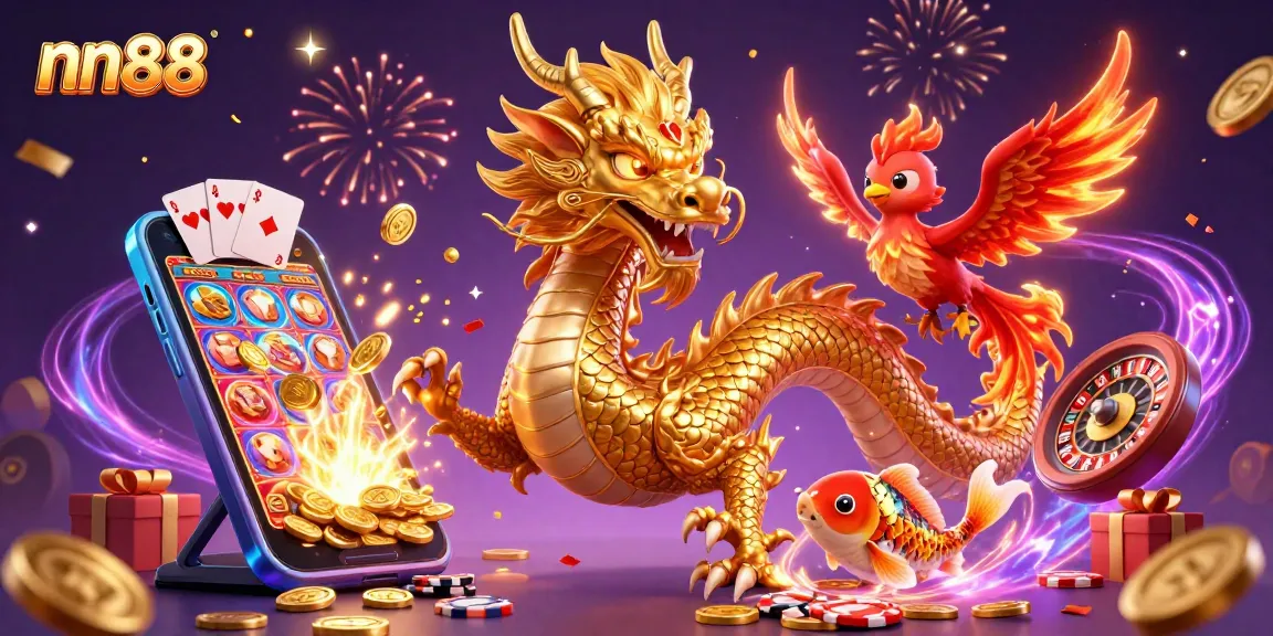 Experience the thrill of nn88 with a dynamic 3D casino scene featuring a dragon, phoenix, and koi fish.